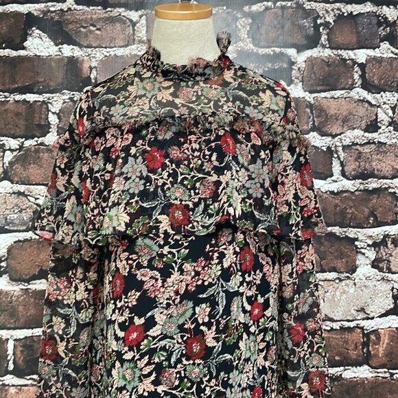 Zara Basic Collection Long Sleeve Dress Fringe Floral Red Black Size Small S - Picture 7 of 17